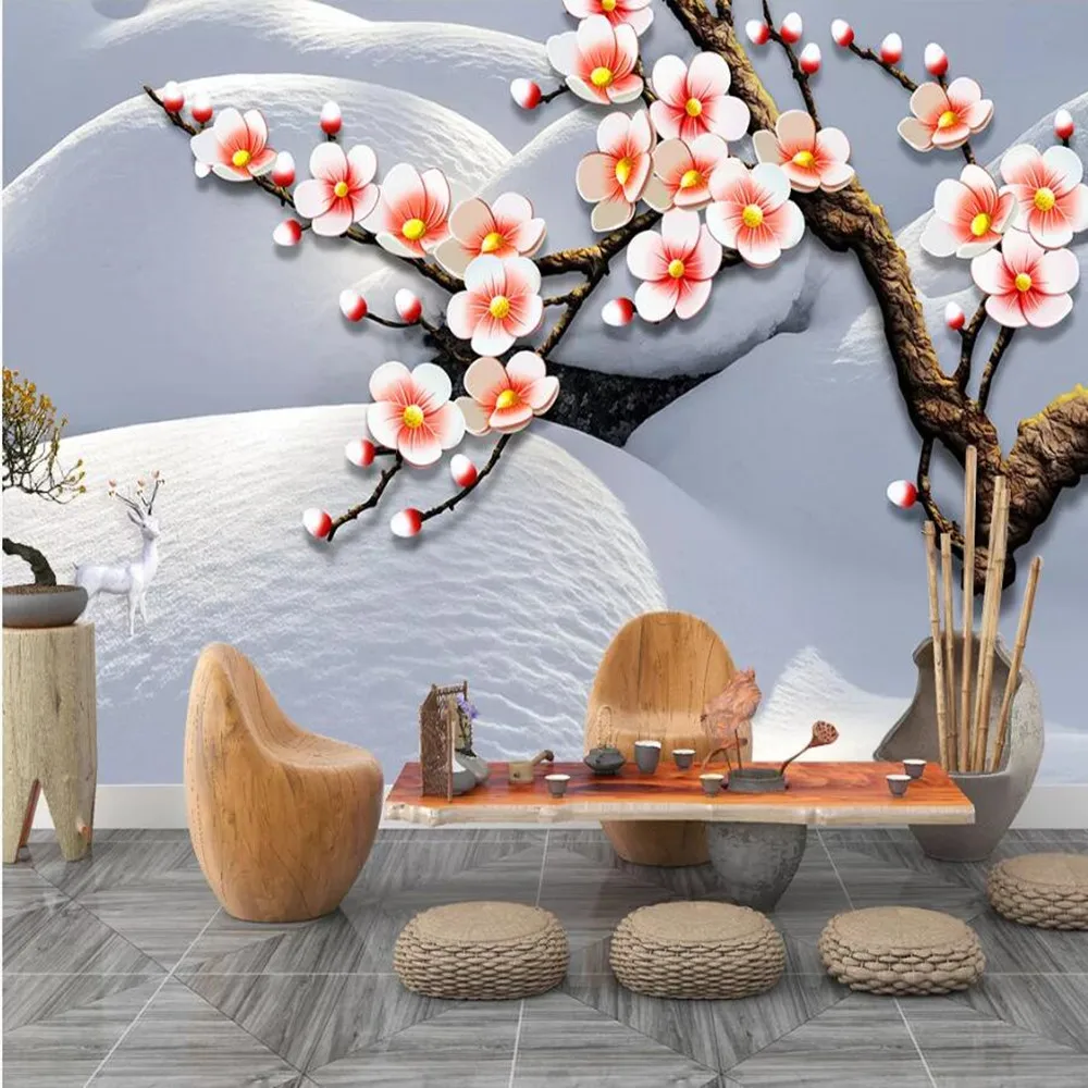 

Milofei производители пользовательские 3D гордый снег сливы цветы и птицы художественный фон обои фрески