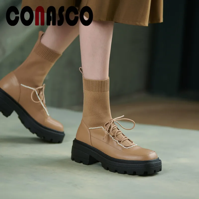 

Женские ботильоны CONASCO 2021, осенне-зимняя теплая Повседневная Милая обувь из натуральной кожи, женские ботинки с украшением из жемчуга
