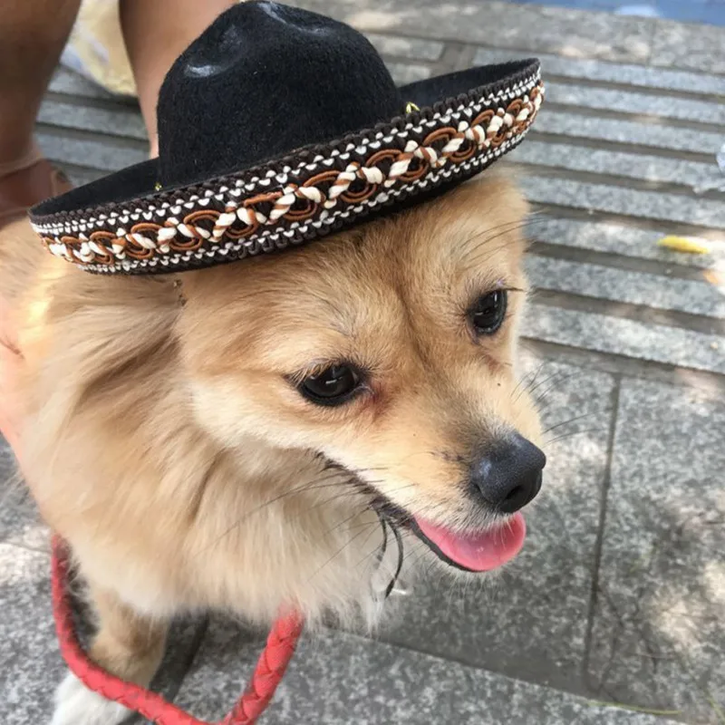 

Pet Cat Dog Mexican Style Hat Head Set Brown Lace Dog Hats Summer Sun-proof Pet Hair Accessories Party Wedding Cat Puppy Funny