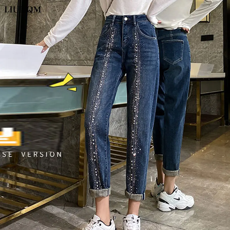 2021 Korean Style New Blue Jeans Woman Pencil Pants High-waisted Denim Trousers Women Diamond-studded  High-elastic ropa mujer