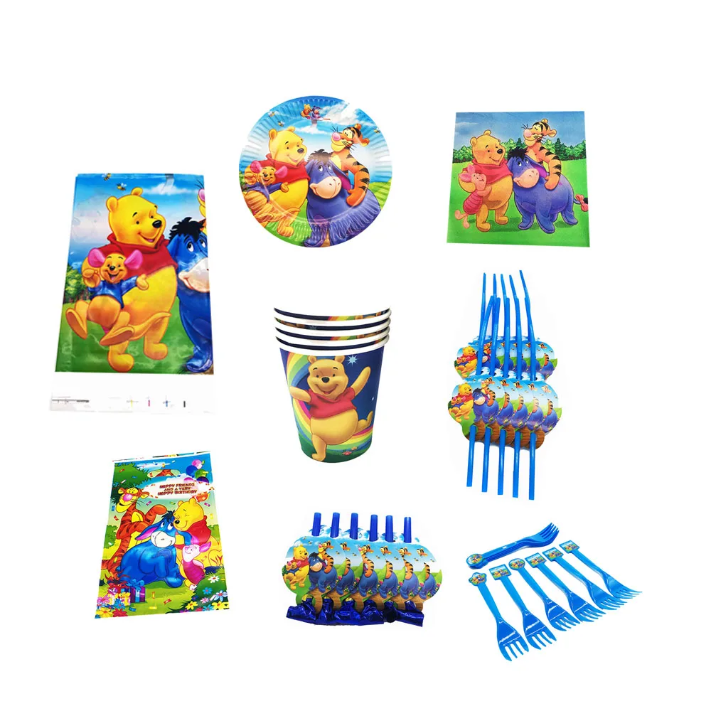 

81pcs Disney Winnie The Pooh Cartoon Theme Disposable Tableware Set Birthday Party Decorations Banners Plates Napkins Cup Straws