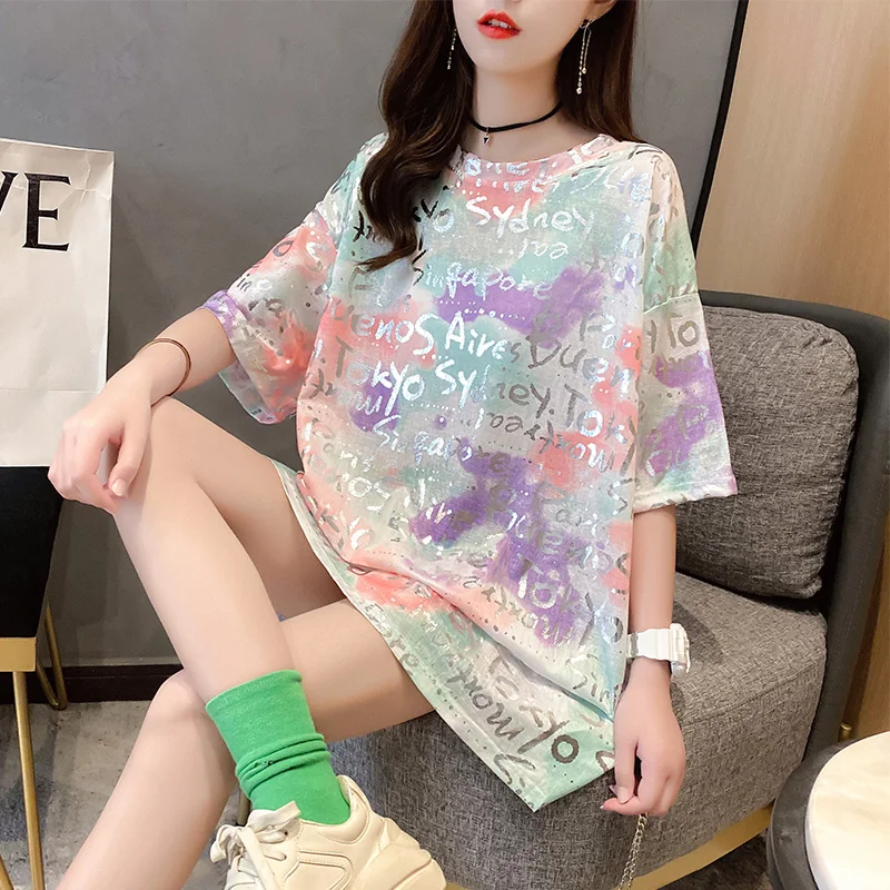 Футболка большого размера с сияющими буквами топы футболки 2021 летняя Женская