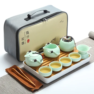 Качественный дорожный чайный набор кунг-фу чайник чашки gaiwan infuser chahai портативная коробка cozies деревянный бамбуковый поднос китайский чайный церемониальный набор - Цвет: set 6