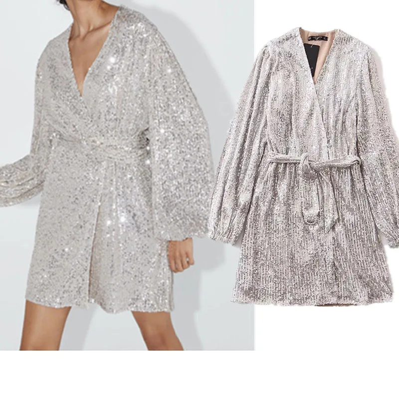 

2021 Woman Basic Spring England Style Vintage Silver Sequins Sexy Party Dress De Fiesta De Noche Vestidos