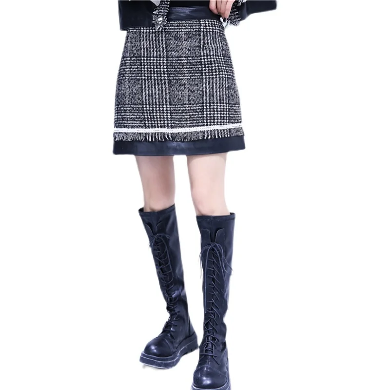 

Spliced Plaid Sheepskin Tweed Wrap Skirts Women Genuine Length High Waist Tassel Office Lady Short Skirts Spring Autumn Fashion