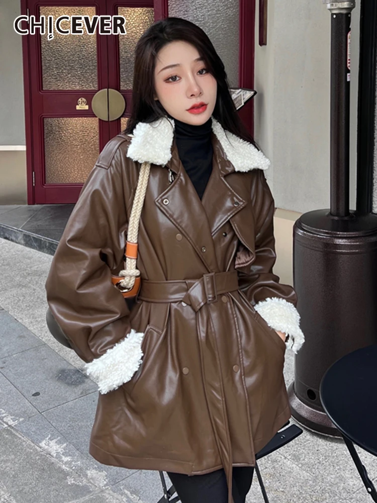 

CHICEVER High Street однотонное пальто из искусственной кожи для женщин, Свободное пальто с длинными рукавами и карманами в стиле пэчворк, женская зи...