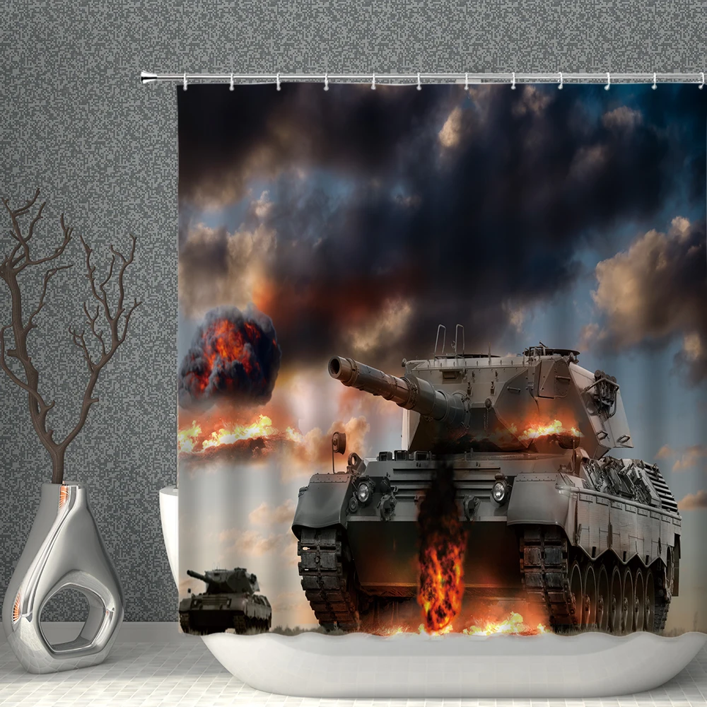 

Tank Shower Curtain Land Warfare Weapon Army Pattern Waterproof Polyester Fabric Bathroom Decoration Background Wall With Hooks