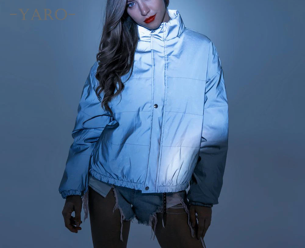 Зимняя мода Светоотражающие теплые женские пальто куртки серебристые с