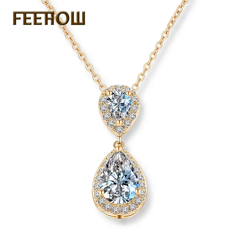 Gold Color FEEHOW, модные элегантные свадебные ювелирные изделия, розовое золото, цветная слеза, кубический циркон, висячие серьги для женщин, Свадебная вечеринка FWEP091 - Окраска металла: Gold Color