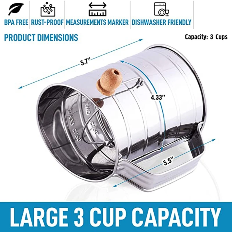 3 Cup Stainless Steel Flour Sifter - Fine Mesh Rotary Hand Crank With Agitator Wire Loop For Baking Cakes |