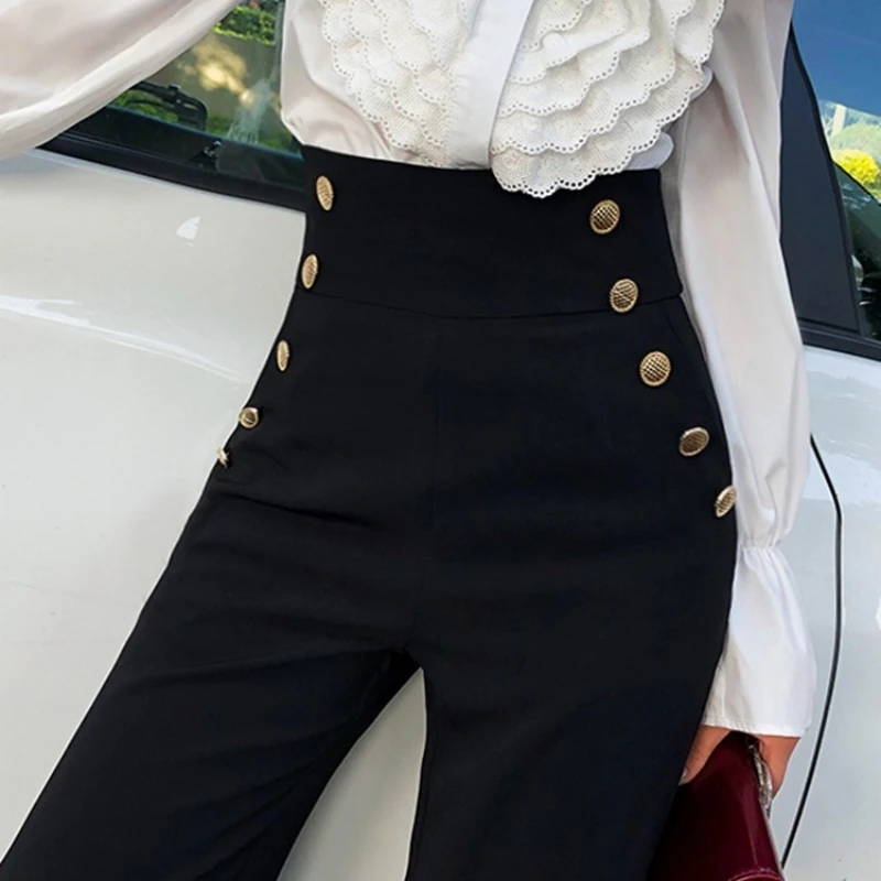 OL Стиль Широкие брюки женские прямые тонкие новые талии расклешенные высокие