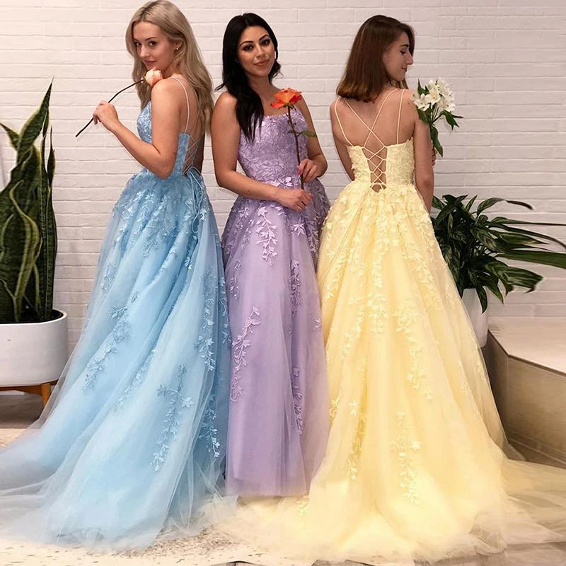 

Sexy A Line Prom Dresses 2021 Spaghetti Straps Applique Tulle Formal Evening Gowns Lace Up Back Bridal Dress Party Robe De Bal