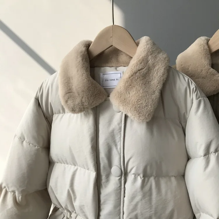2022 Women's Clothing Winter Down Cotton Bread Wear Short Style Cotton Clothes Women Pull Rope Waist Rabbit Hair Lapel