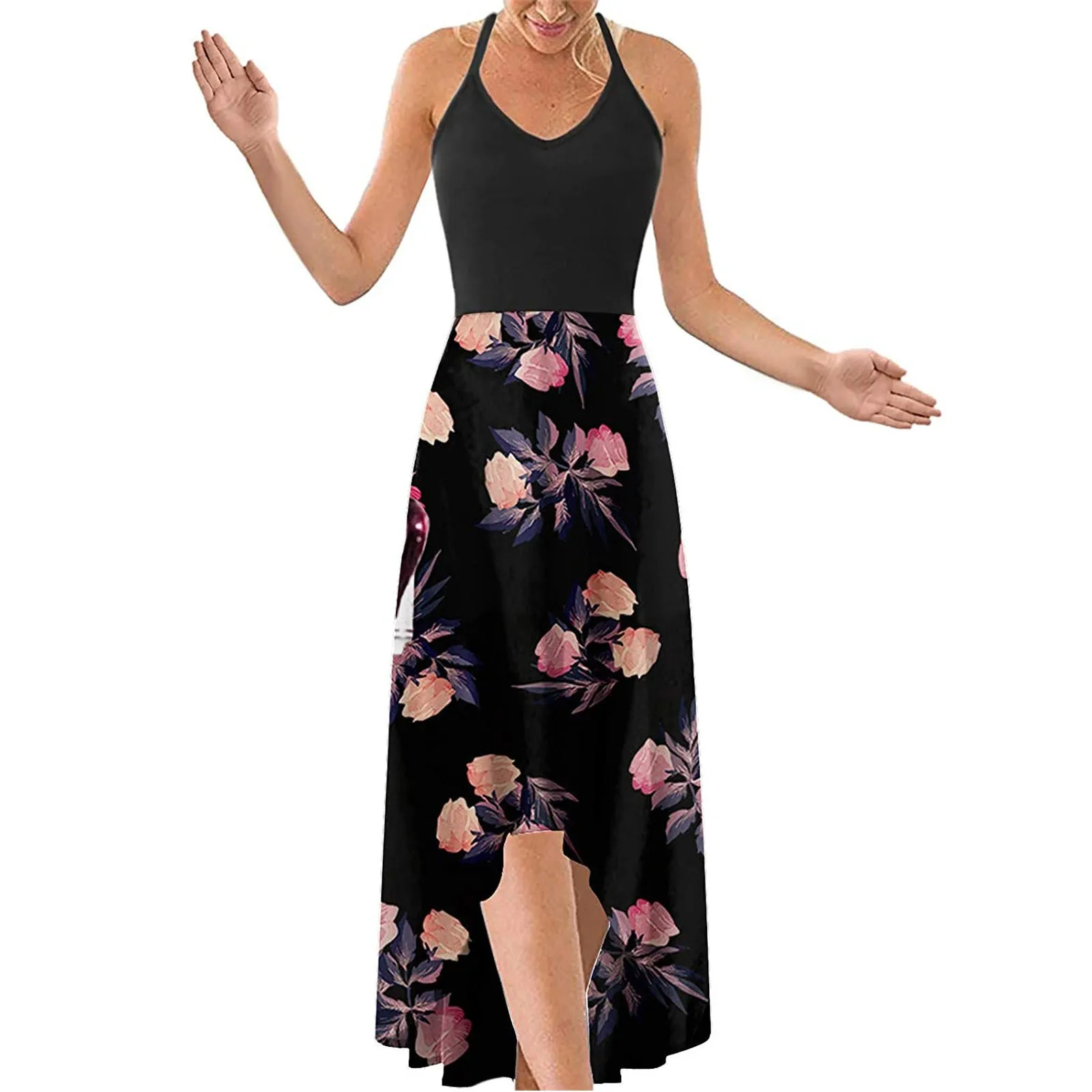 

Summer Dress For Women 2021 Sexy Sleeveless Backless Spaghetti Strap Print Mid Calf Dresses Fashion Casual Ladies Beach Dress