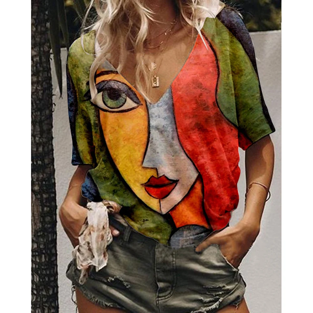 

2021 New Multi-color Butterfly Print V-neck Short-sleeved Loose Casual T-shirt Fashion Short-sleeved Top Woman Clothes Pullover