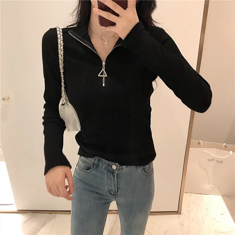 Black Бренд соединенной с высоким, плотно облегающим шею воротником, на молнии, пуловеры, свитер женский осень-зима вверх Твердые Тонкие Вязание свитера большого Размеры Pull Femme - Цвет: Black