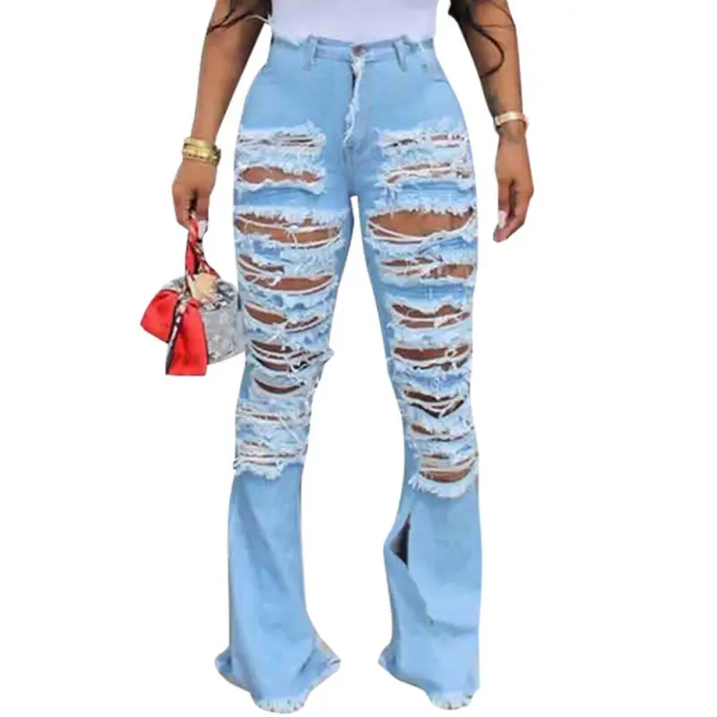 

New Womens High Rise Stretchy Blue Knee Cut Skinny Denim Cropped Ripped Jeans UK