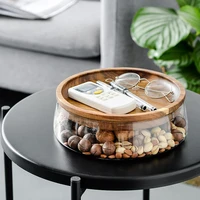 creative glass nuts and dry fruits storage box container double layer candy storage box with wooden lid for home kitchen supply