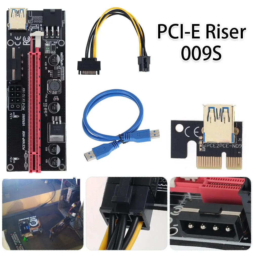 

PCI-E pcie Riser 009 Экспресс 1X 4x 8x 16x расширитель PCI E USB Riser 009S GPU двойная 6-контактная карта адаптера SATA 15pin для майнера BTC