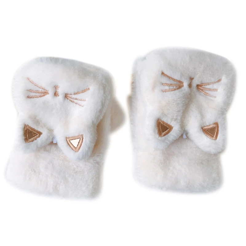 

Women Men Winter Fluffy Plush Half Finger Gloves Cartoon Animal Embroidery Ears Convertible Flip Top Fingerless Mittens