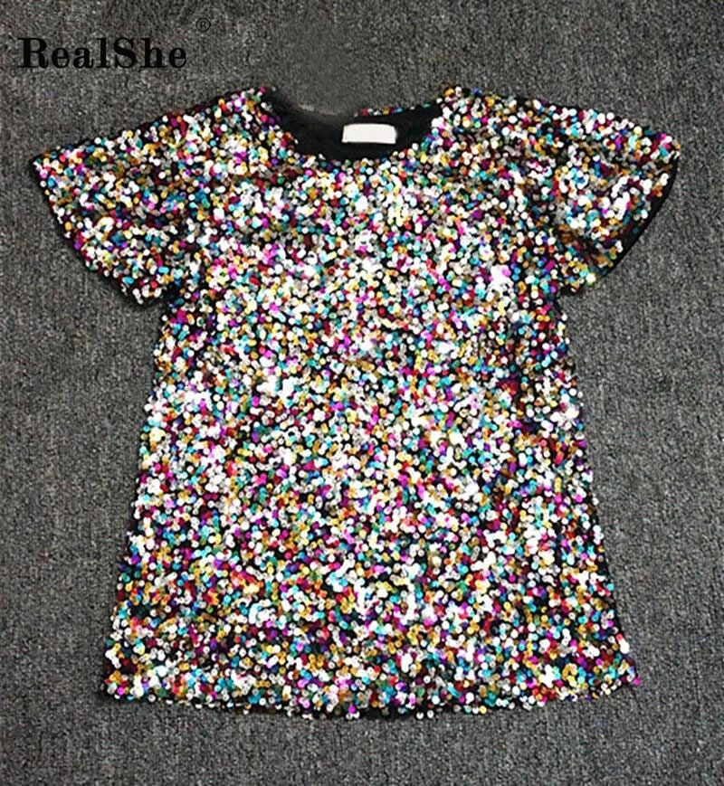 RealShe женская футболка 2020 с круглым вырезом и коротким рукавом блестками женские