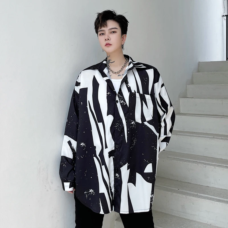 

Men Print Korean Fashion Streetwear Loose Casual Hip Hop Long Sleeve Shirt Top Male Office Party Dress Shirt Oversize Shirts