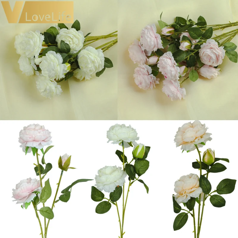 3 головки Искусственные цветы розы Букет шелковых цветок розового цвета и