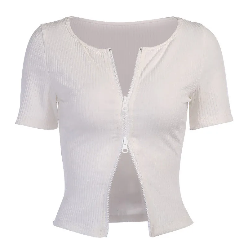 

2020 Women Sexy Zipper Crop top Summer Short sleeve Cardigan Slim V Neck Solid Stretch T Shirt Streetwear Tops Vestidos