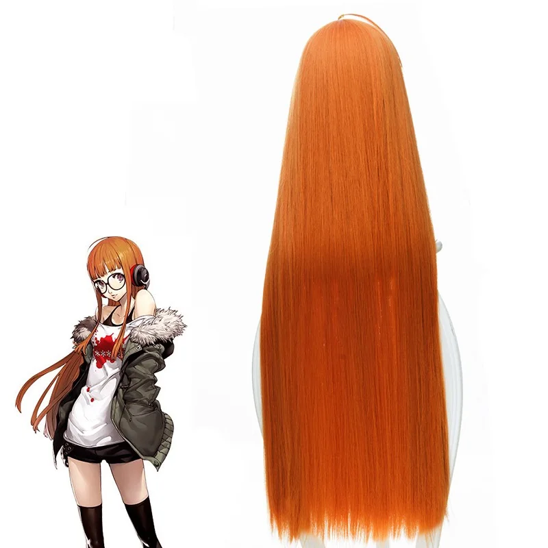 

Persona 5 Futaba Sakura Wig P5 Lovely Long Straight Orange Color Wigs Halloween Cosplay Props 90cm