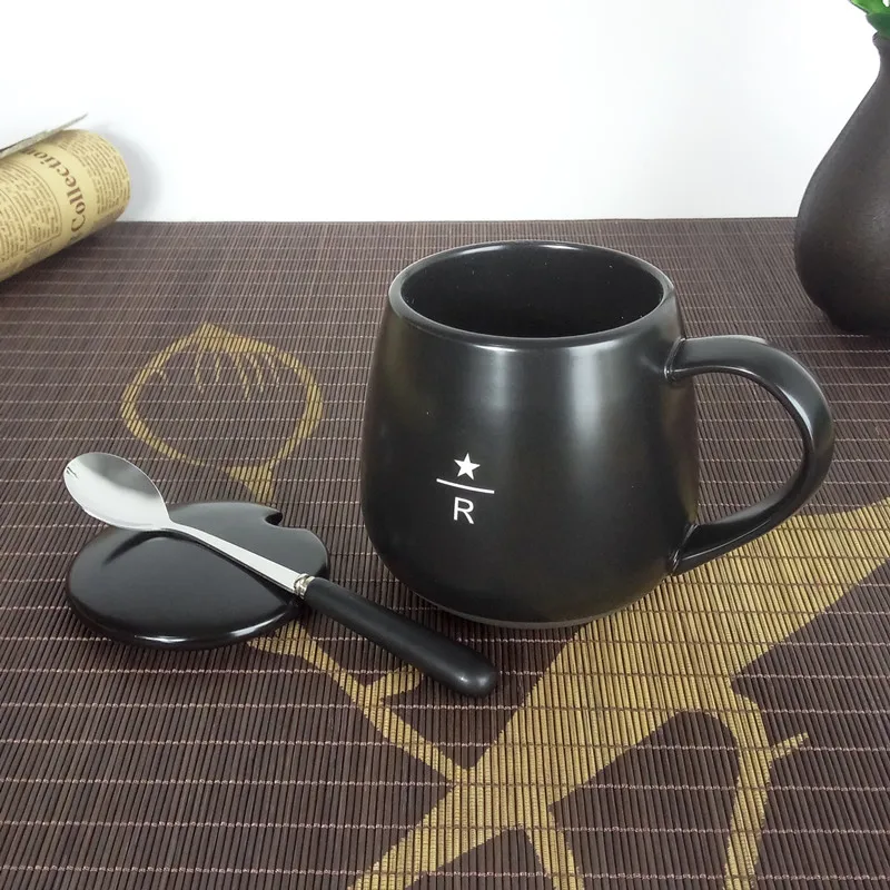 New Large Capacity Creative Gift Mugs With Lid Spoon Black Mug Ceramic Cup Coffee Home Office Drinkware Unique 5ZDZ118 | Дом и сад