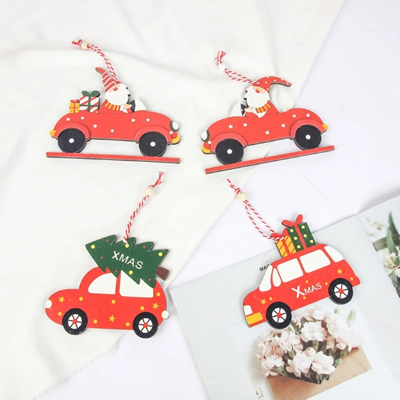 

QXNA Christmas Ornament Set of 6 Wooden Car Gnome Pendant for Christmas Santa Crafts