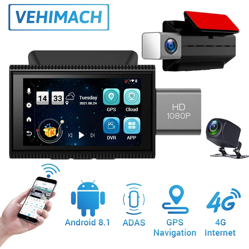 Автомобильный видеорегистратор Android 4G с Wi Fi GPS навигацией FHD 1080P ADAS сенсорным