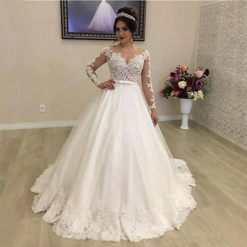 

Lace Princess Wedding Dresses Sheer Neck Illusion Long Sleeves Appliques Sweep Train Bridal Gowns Country Vestido De Noiva