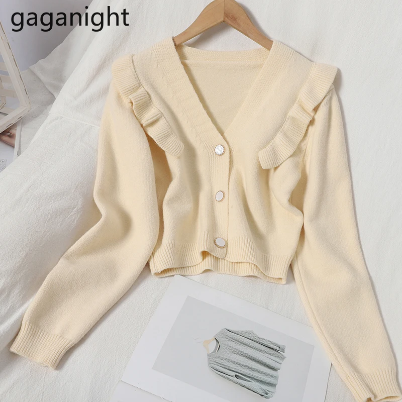 GAGANIGHT Sweet Cropped Cardigan Solid V-neck Stringy Selvedge Knitted Girls Autumn Winter Korean Fashion Outwear Tops |