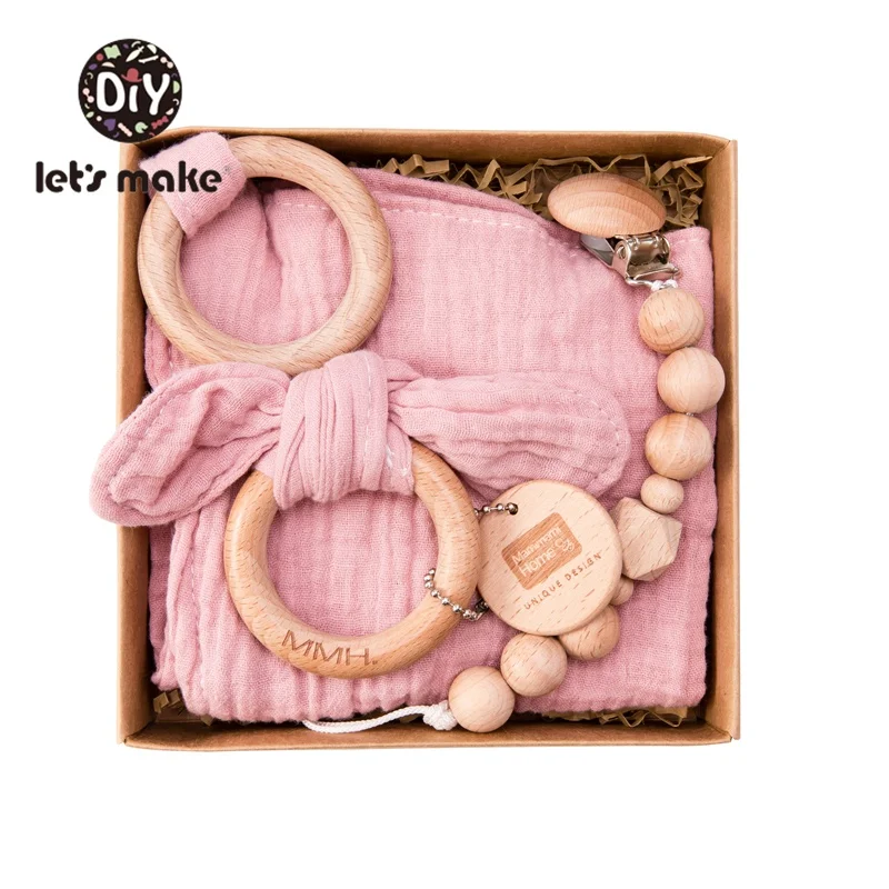 pink Детское Зубное кольцо от компании Let's Make; зубное кольцо из дерева Детское Зубное кольцо& детский слюнявчик, полотенце для слюней и соски с цепочкой для младенцев, комплект с заячьими ушками; без добавления бисфенола А новорожденного продукты - Цвет: pink