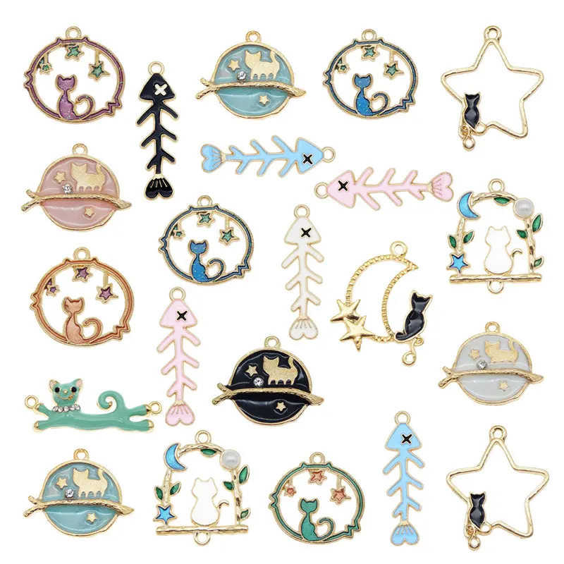 Julie Wang 10PCS Enamel Cat Fish Bone Charms Random Mixed Alloy Gold Tone Necklace Bracelet Earring Jewelry Making Accessory | Украшения и