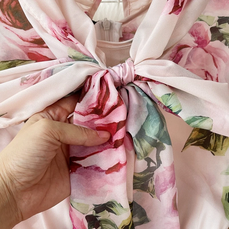

Women Sweet Floral Dress Spring Summer French Bandage Bow Chiffon Dress Ladies Elegant Slim A Line Vintage Dress Vestidos
