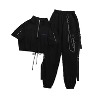 womens cargo pants buckle ribbon pocket jogger elastic waist high streetwear harajuku pant chain females two piece pants