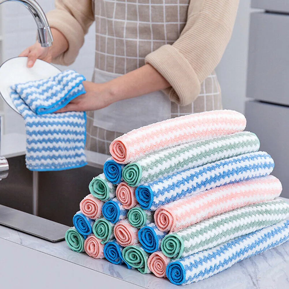 

5pcs Absorbent Microfiber Cleaning Cloth Coral Fleece Kitchen Dish Pot Cups Rag Scouring Pad Home Decontamination Cleaning Towel