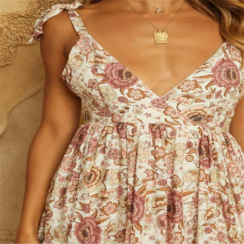 

Women Mini Summer Dress Shoulder Strap Backless Ruffle Printed Dress Summer Loose casual Deep V-neck Dress Women Beach Dresses