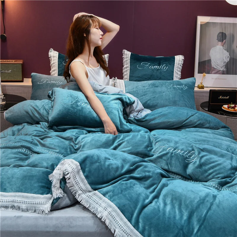 Modern Style Milk Velvet 4pcs Warm Duvet Cover Bed Sheet Pillowcase Winter Soft Lake Blue Purple Grey Green Khaki Queen Red | Дом и сад