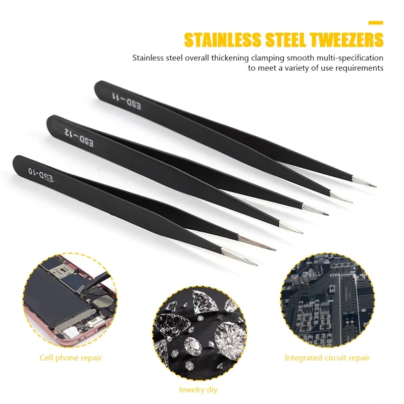 6Pcs Anti-static Stainless Steel Tweezers For Picking Up Gems Maintenance Tools Industrial Precision Curved Straight | Инструменты