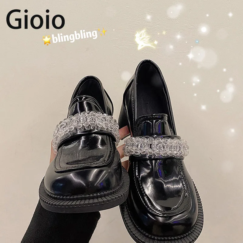 Patent Leather Shoes For  Shoes Round Toes 2021 Autumn Retro Mary Jane shoes thick heel shoes  crystal  women's shoes