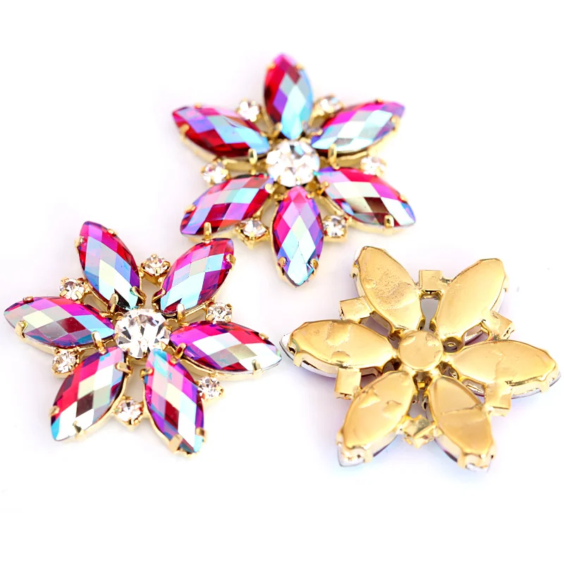 3.5x3.5cm Crystal AB Navette Round Sewing On Rhinestone Applique 1 Pcs Gold Base Sew Rhinestones Wedding Dress B0988 | Дом и сад