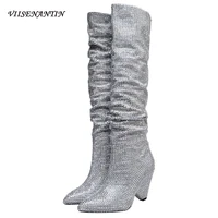 new full rhinestone silver pointed toe flock sexy knee high boots thick high heel bling crystal autumn designer shoes for women