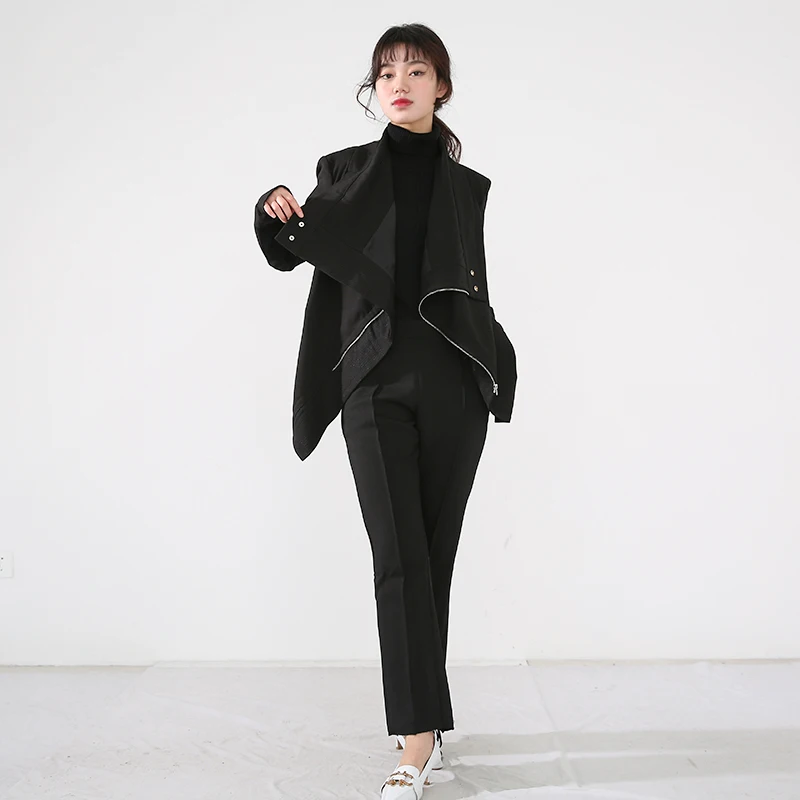 

[EAM] Loose Fit Black Irregular Big Size Jacket New Lapel Long Sleeve Women Coat Fashion Tide Spring Autumn 2021 JI10201