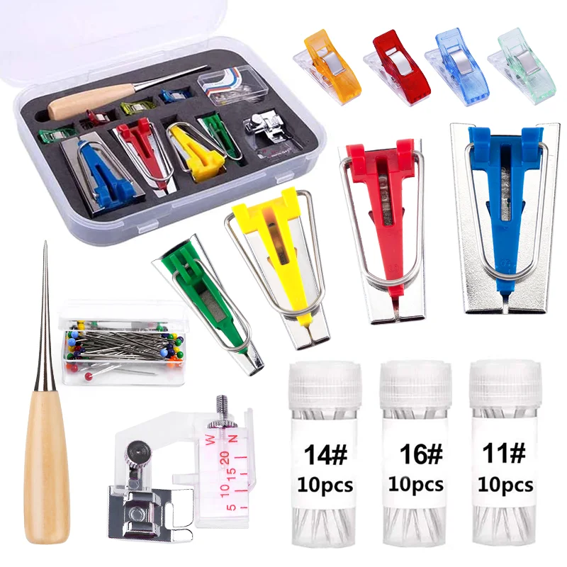

LMDZ 30pcs/Set Practical Fabric Bias Tape Makers Kit with Sewing Bead Needles Binder Clip Wooden Awl Foot Press