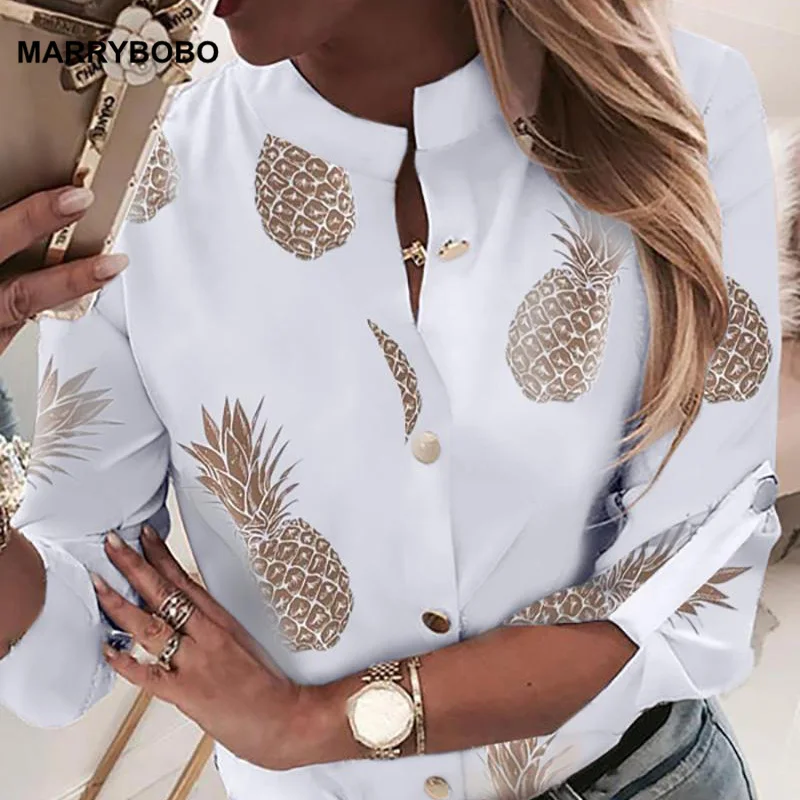 Женская винтажная офисная блузка Повседневная белая с длинным рукавом и воротником стойкой принтом