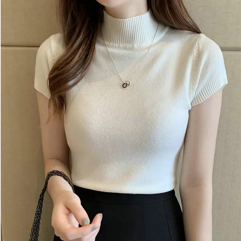 

Korean Style Knitted T Shirt Women 2021 Short Sleeve Semi Turtleneck Thin Sweater Tops Female Slim Jumper Office Lady Clothes