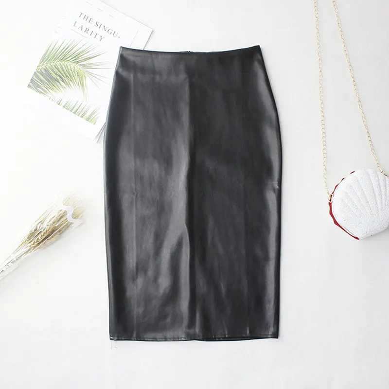 Женская юбка карандаш из искусственной кожи REALEFT зеленая элегантная средней